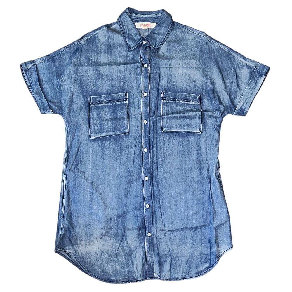 Mazik Button-Down Rolled Short Sleeve Denim Shirt Dress Small
